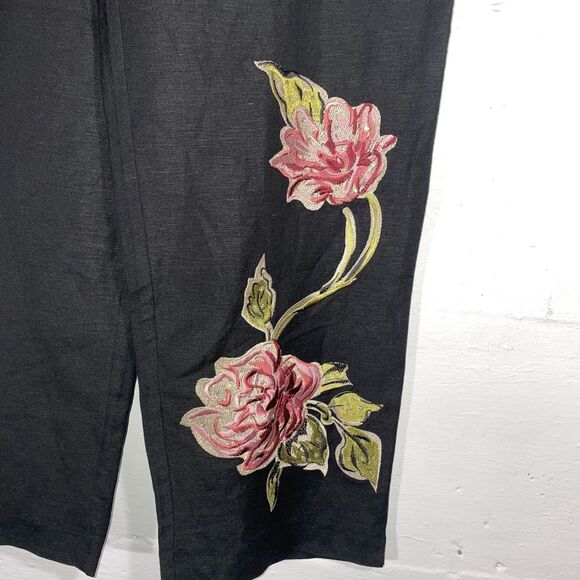 Vintage Y2K Bob Mackie Studio Black Linen Blend Pants Floral Appliqué Size 12 - Picture 3 of 11